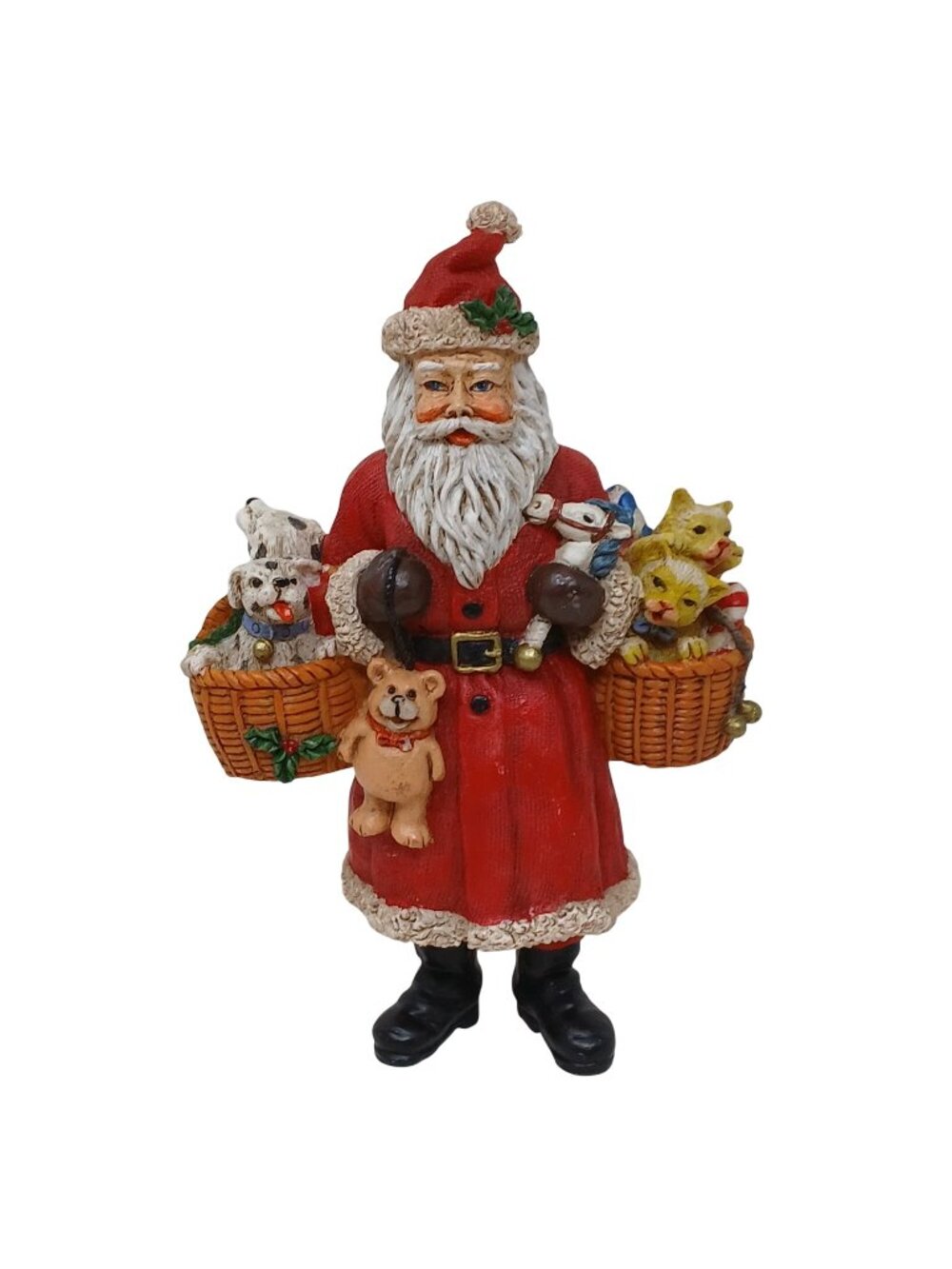 VTG Santa Claus Figurine Holding Baskets Kittens & Puppies 5.5" Tall Resin #S-3
